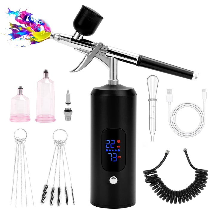 Airbrush-Set, kabellos, 38 PSI verstellbar, mit Kompressor, wiederaufladbar, LCD-Display, Verlängeru