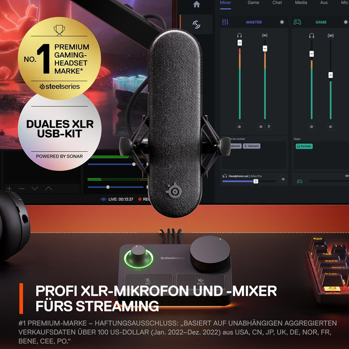 SteelSeries Alias Pro Kit – XLR-Mikrofon + Stream-Mixer – 3 Mal grössere Kapsel fürs Gaming, Streami