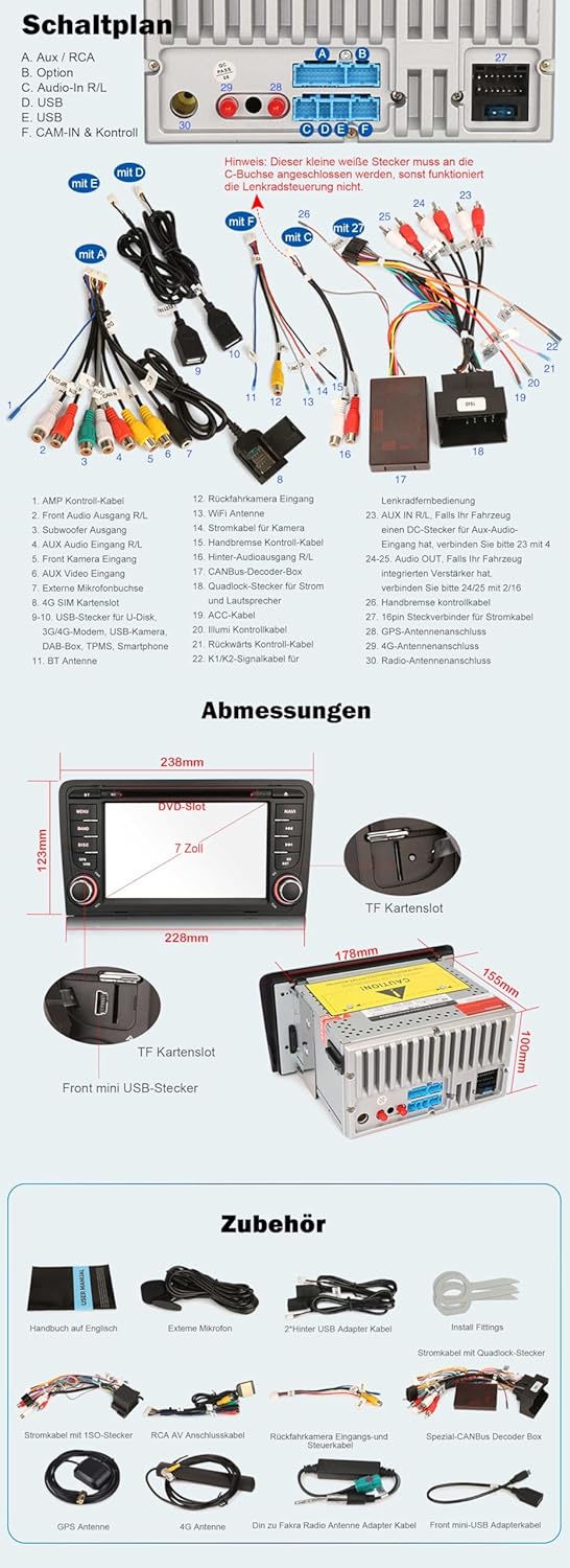 Erisin 7 Zoll Android 14 Autoradio mit CD Player Für Audi A3 S3 RS3 RNSE-PU Unterstützt Bluetooth 5.