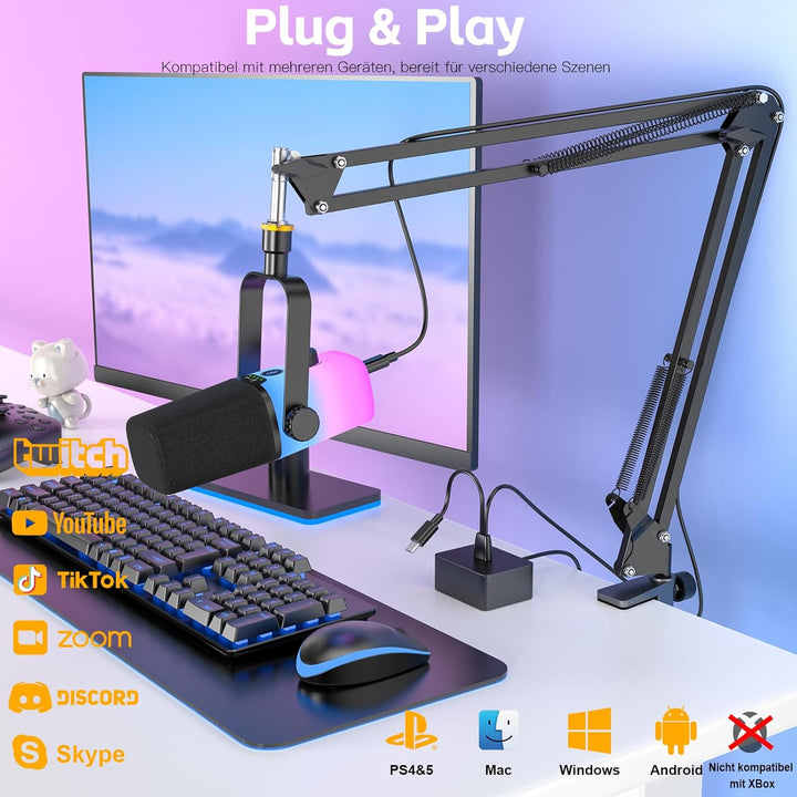 zealsound USB Gaming Mikrofon PC mit Arm – 192kHz Kondensatormikrofon mit Noise Cancelling, Stummsch