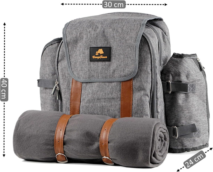 CampFeuer Picknickrucksack für 4 Personen | Picknickset 32-teilig | grau | mit Flaschenhalter, Pickn
