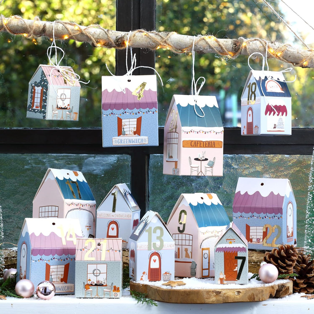 Papierdrachen DIY Adventskalender zum Basteln und Befüllen - Häuser Set - Weihnachtsdorf bunt - 24 b