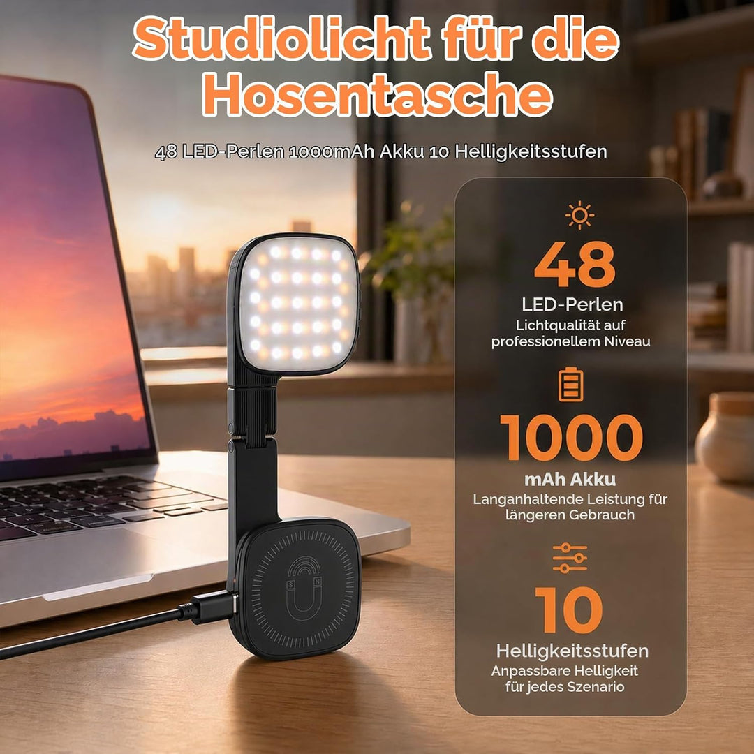 Magnetisches 3-in-1 Selfie Licht Mit Spiegel, 1000mAh Akku 48 LEDs &amp; 10 Helligkeitsstufen (3000K-650