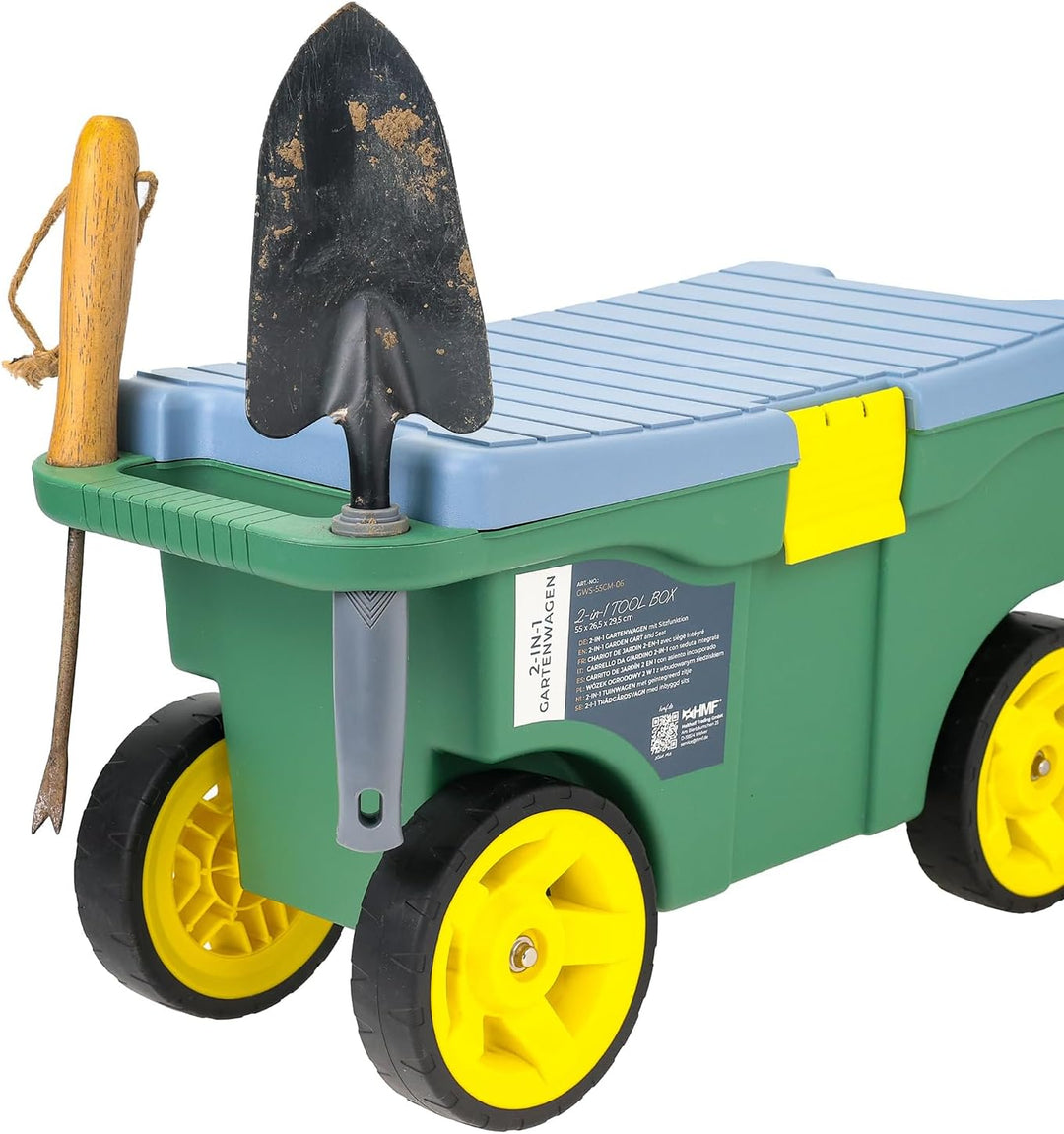 HMF 2-in-1 Gartenwagen mit Sitz und Stauraum, Gartenhocker mit grossen Rollen, Rollsitz für Gartenar