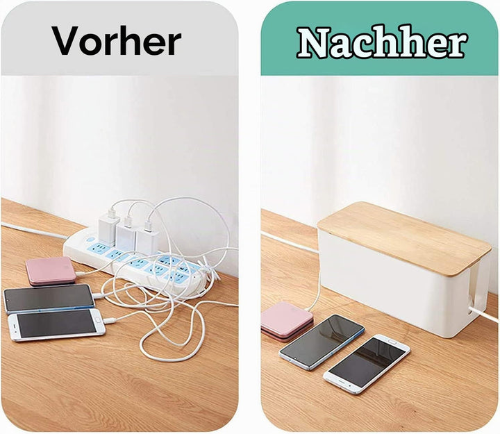 SENENQU 3er-Set Kabelbox Weiss, Grosse Kabel Organizer Box mit Holzdeckel für Kabel, Grosse und Klei