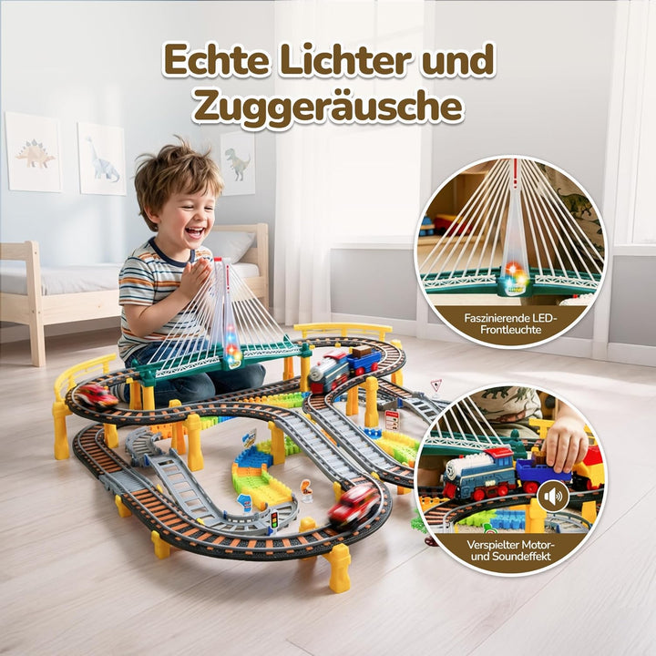 Kinderplay Elektrische Eisenbahn mit Rennbahn - Bahngleise, Autorennbahn, Batteriebetriebener Zug, 2