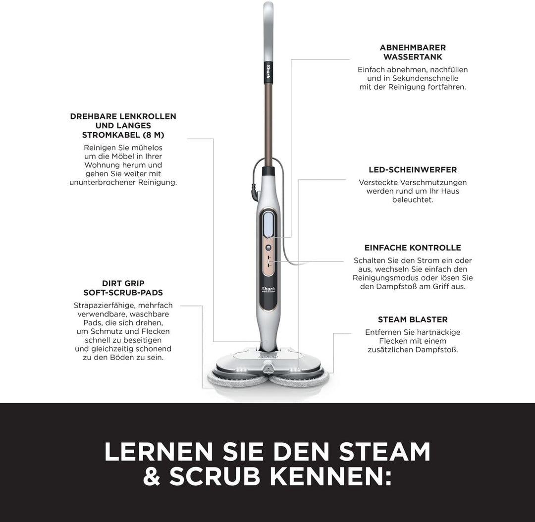 Shark Dampfreiniger, automatischer Dampfbesen mit Steam Blaster, 2 rotierende Power Pads, 3 Dampfstu