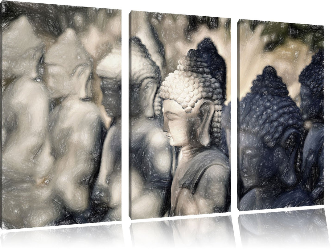 Pixxprint Buddha-Statuen in Einer Reihe als Leinwandbild/Grösse: 3 Teilig (120x80 cm) cm/Wandbild/Ku