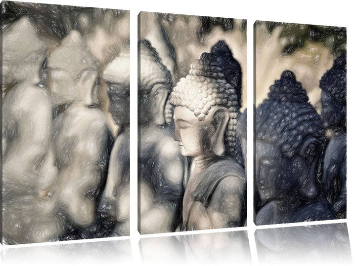 Pixxprint Buddha-Statuen in Einer Reihe als Leinwandbild/Grösse: 3 Teilig (120x80 cm) cm/Wandbild/Ku