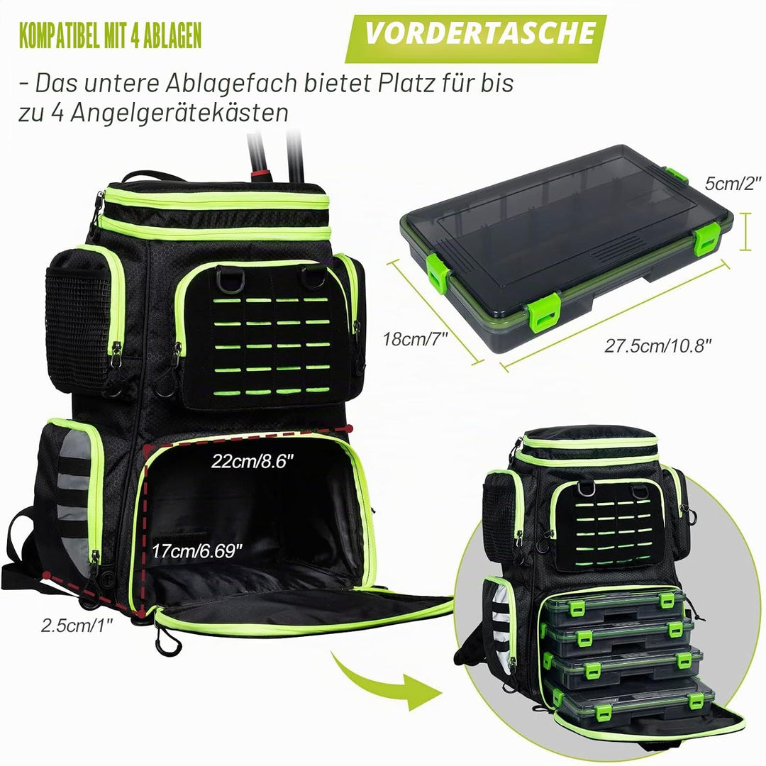 FEIWOOD GEAR Angelausrüstungs-Rucksack mit 4 Angelboxen, grosser Stauraum – widerstandsfähiger Angel