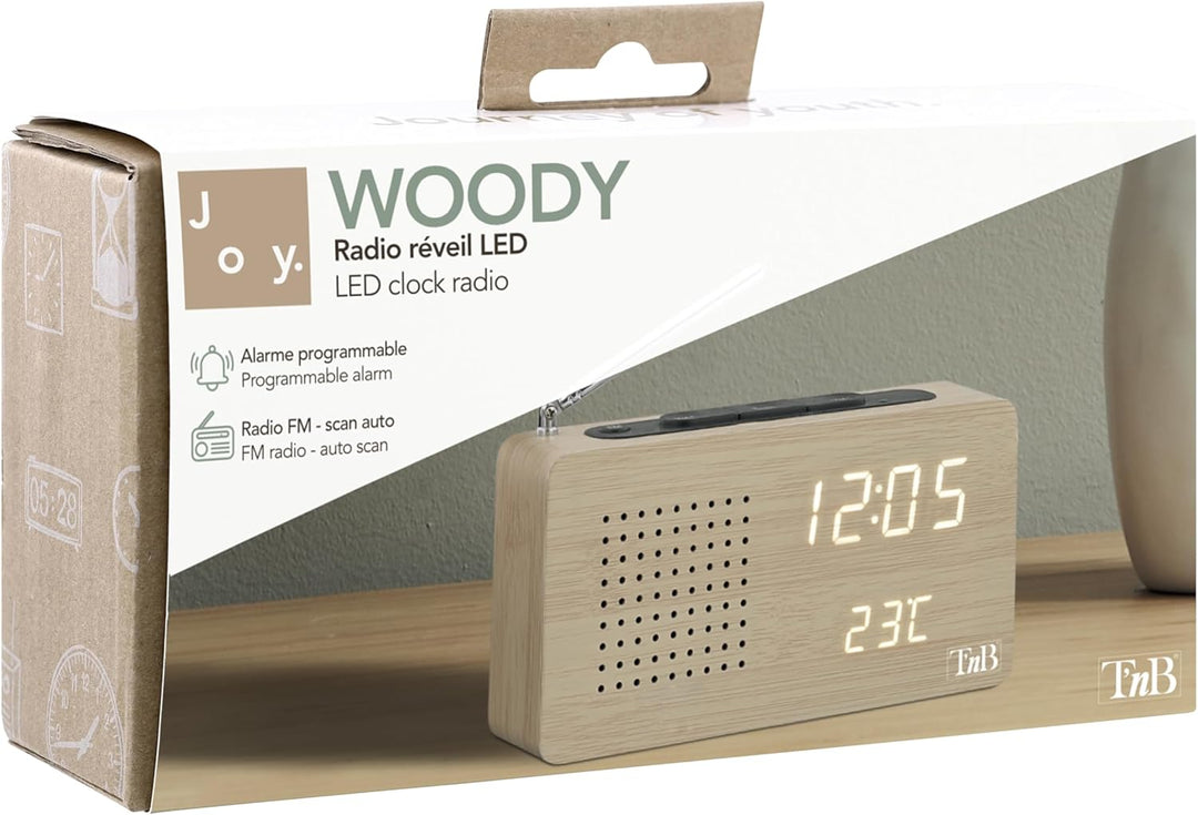 T'nB Woody Digitaler Radiowecker, 1 programmierbarer Alarm, FM-Radio mit automatischem Scan, Tempera