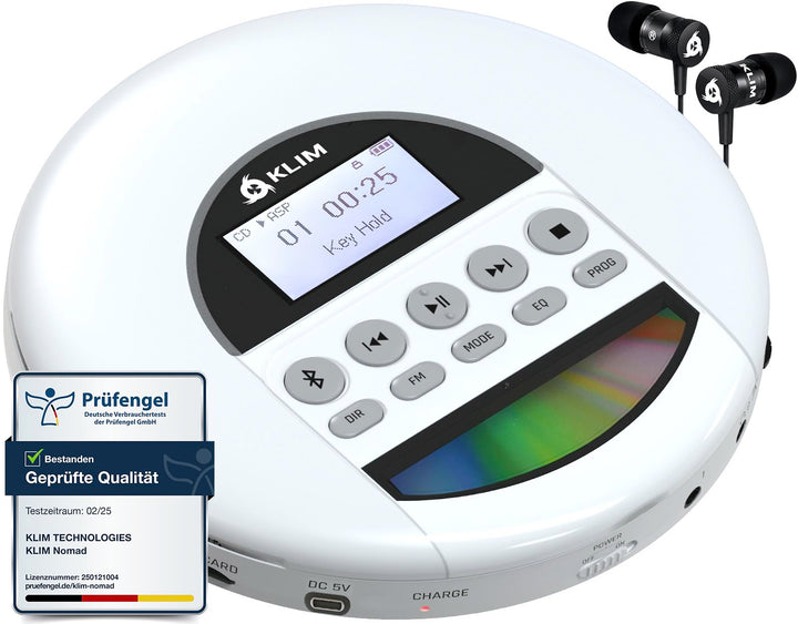 KLIM Nomad - NEU 2024 - Tragbarer CD-Player Discman mit langlebigem Akku - Inklusive Kopfhörer - Kom