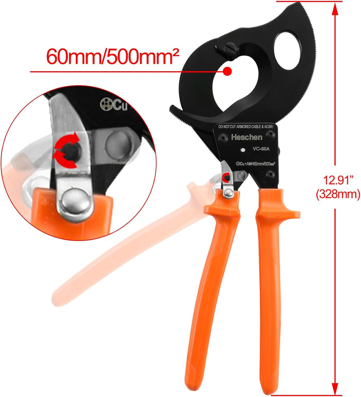 Heschen Ratschen-Kabelschneider VC-60A für 60 mm/500 mm² Abisolierzange, Hand-Crimpzange