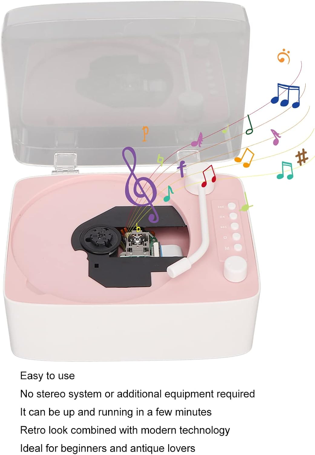 Multifunktions Rosa Retro CD Player, BT5.0 CD Musik Player mit Transparenter Schutzhülle, HiFi Stere