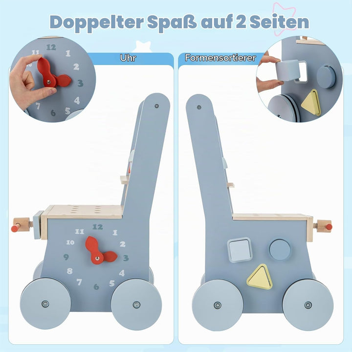 FANTASK 2 in 1 Lauflernwagen, Lauflernhilfe aus Holz, Montessori Kinder Werkbank Spieltisch, Multi-A