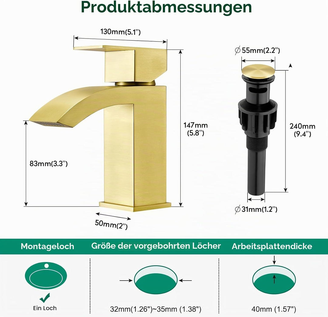 CREA Wasserfall Wasserhahn Bad,Waschtischarmatur Chrom mit Keramikventil, Mischbatterie Waschbecken