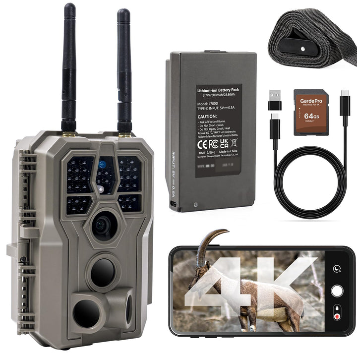 GardePro E8 2.0 Pro Wildkamera Doppelantenne WLAN mit 64GB SD Karte, 64MP H.264 4K Video Wiederaufla