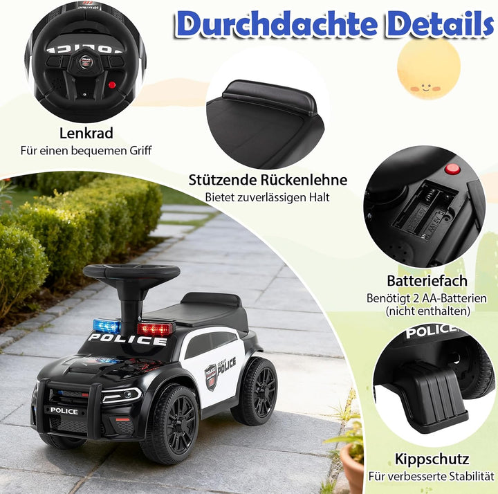 COSTWAY Rutschauto Polizei, Rutschfahrzeug mit blinkenden Lichtern, Musik &amp; Sirene, Kinderauto mit S