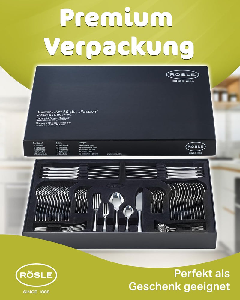 RÖSLE PASSION Besteck-Set 60-teilig, Hochwertiges Essbesteckset für 12 Personen aus Edelstahl 18/10,