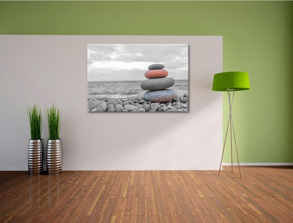 Steinturm auf Steinen schwarz/weiss Format: 100x70 auf Leinwand, XXL riesige Bilder fertig gerahmt m