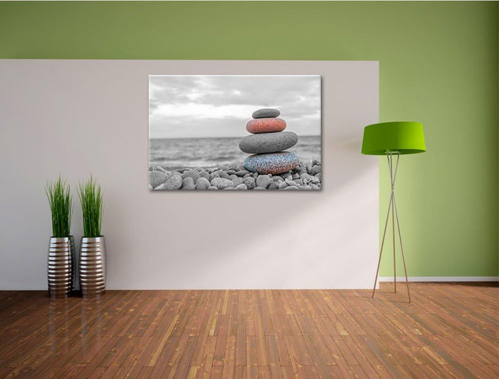 Steinturm auf Steinen schwarz/weiss Format: 100x70 auf Leinwand, XXL riesige Bilder fertig gerahmt m