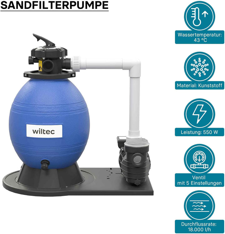 Wiltec Sandfilteranlage 550 W mit 38l Filtertank und selbstansaugender Pumpe 18000 l/h, Sandfilterpu