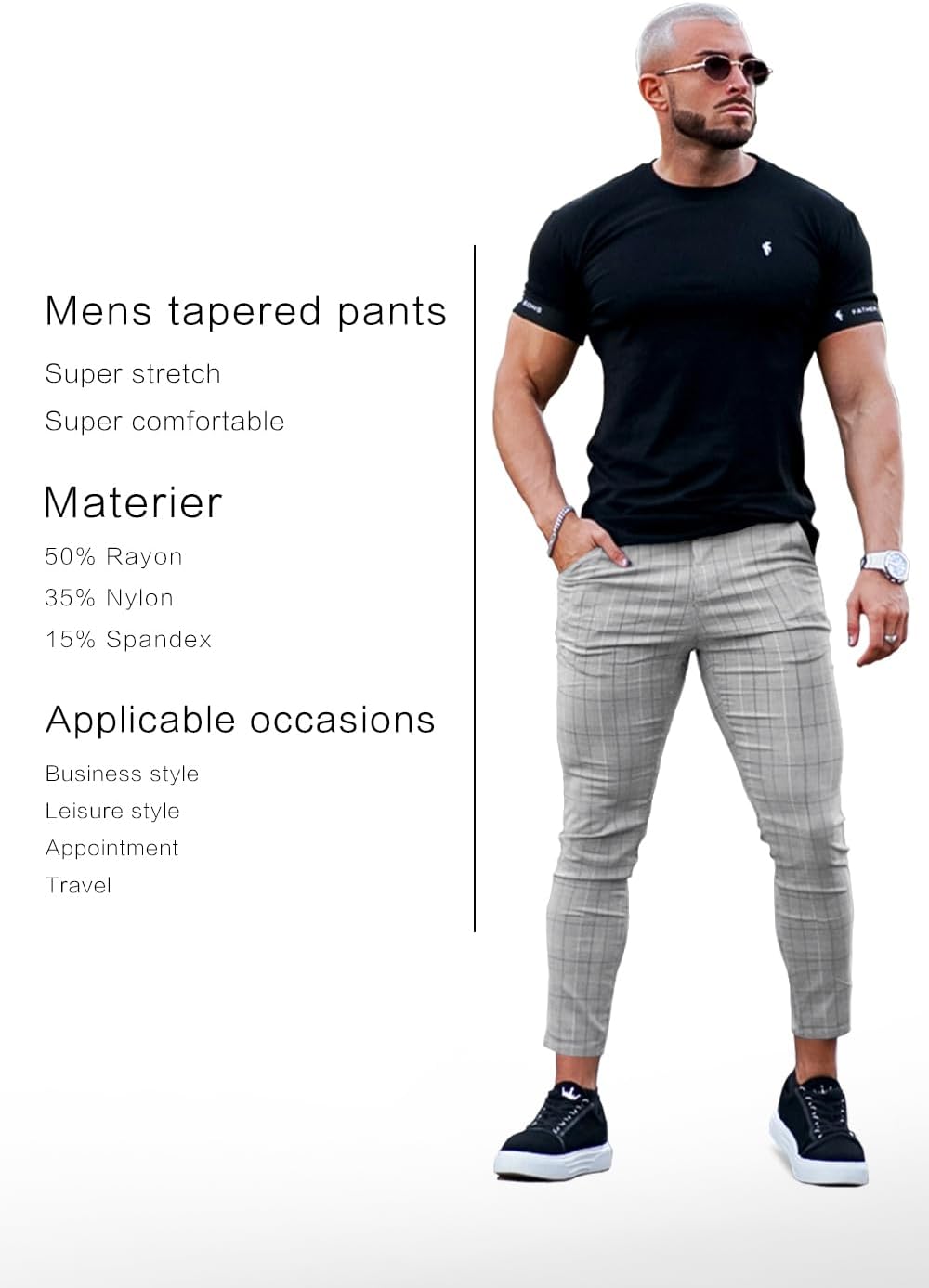 GINGTTO Chino Hose Herren Skinny Stretch Chinohose Karo Slim fit Stoffhose Check Tapered Pants für M