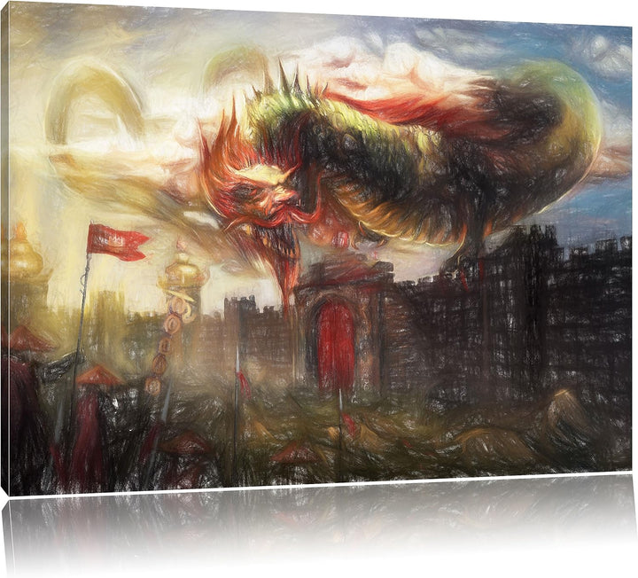 Pixxprint Drache über der Festung als Leinwandbild/Grösse: 100x70 / Wandbild/Kunstdruck/fertig bespa