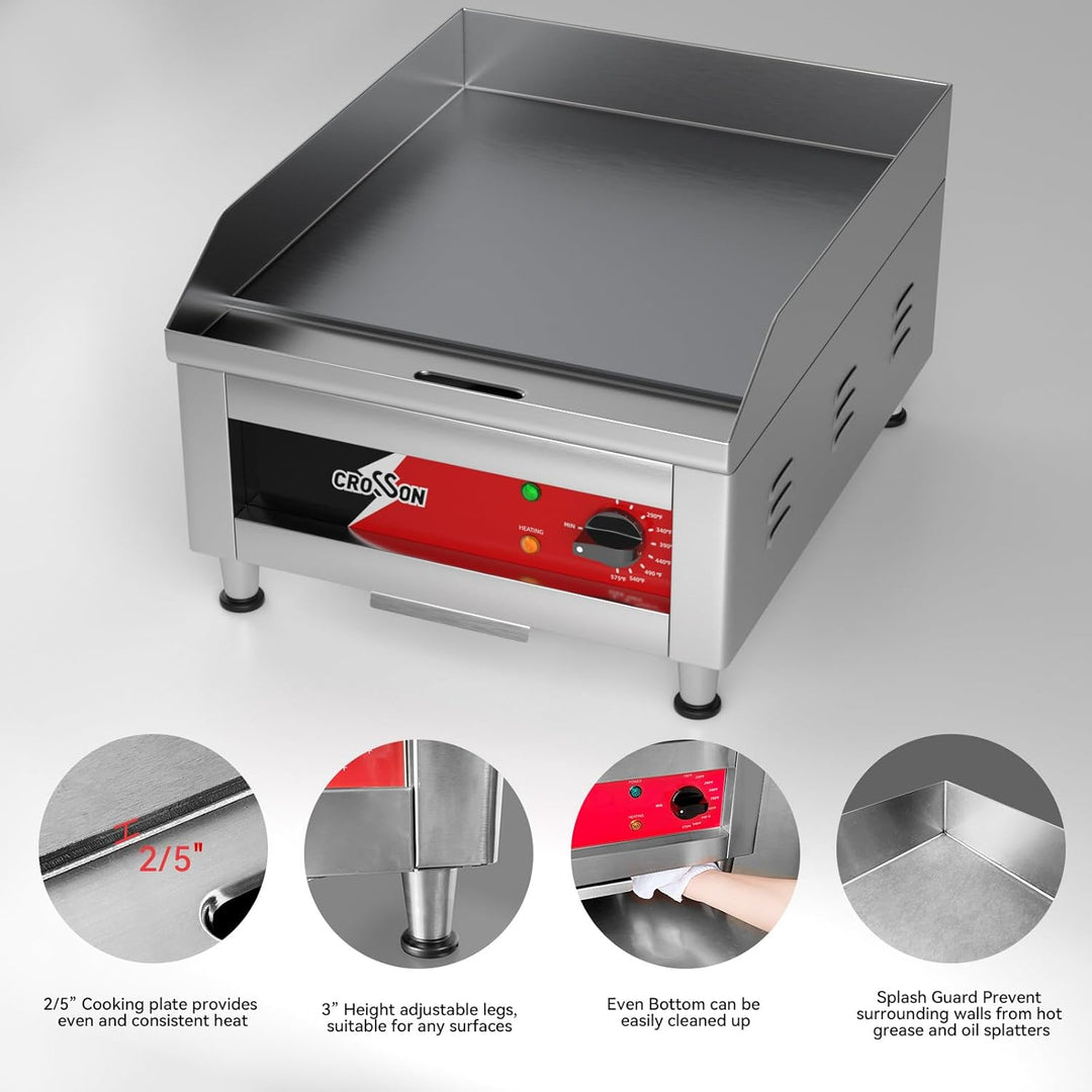 CROSSON 40 * 40CM Kommerzielle elektrische Arbeitsplattengrillplatte, flacher Grill mit antihaftbesc