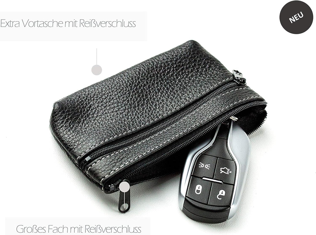DELMON VARONE - Personalisierbares Schlüsseletui Leder Soft Grain schwarz, Schlüsseltasche mit Reiss