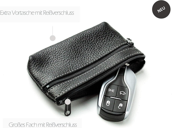DELMON VARONE - Personalisierbares Schlüsseletui Leder Soft Grain schwarz, Schlüsseltasche mit Reiss