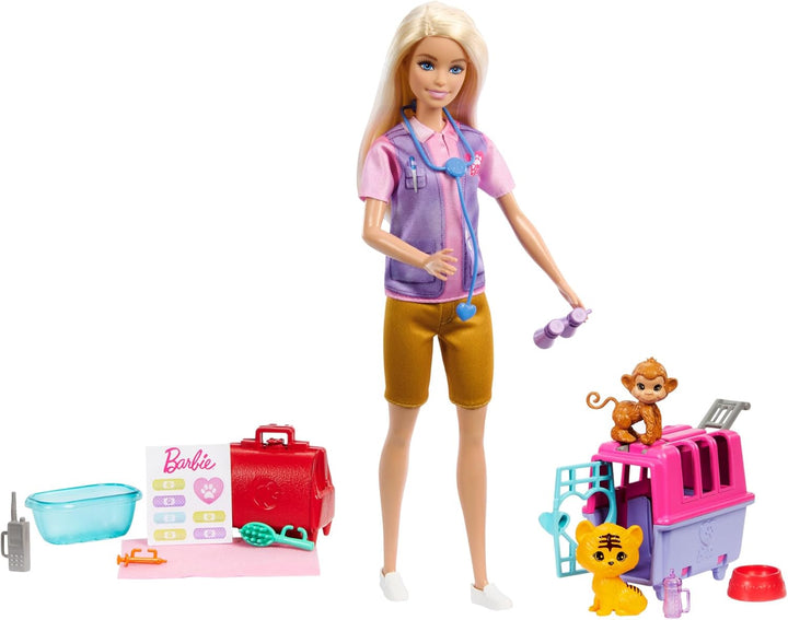 BARBIE Tierrettungsspielset - Barbie-Puppe mit Tiger und Äffchen, Transportbox mit funktionierender