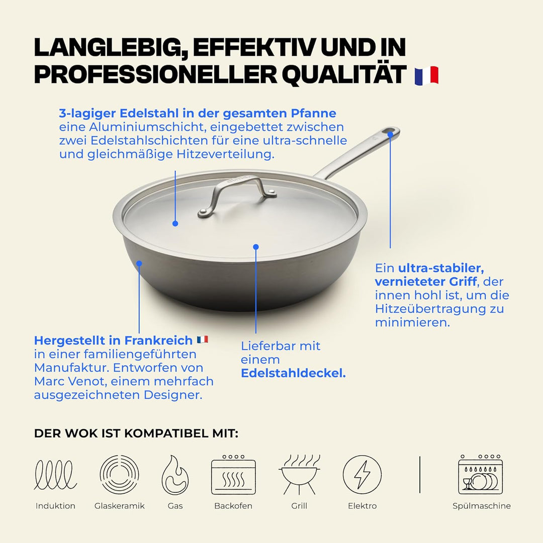 Atma - Wok Edelstahl 28 cm - 3-lagig - mit Deckel - PFAS- &amp; PTFE-frei | Genieteter Griff - Edelstahl