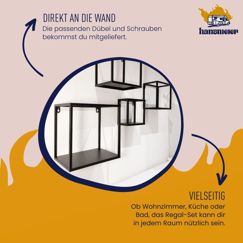 Hansmeier® Wandregal aus Metall | Metallbox | 4er Set | Schwarz | Moderne Boxen für Wohnzimmer, Küch