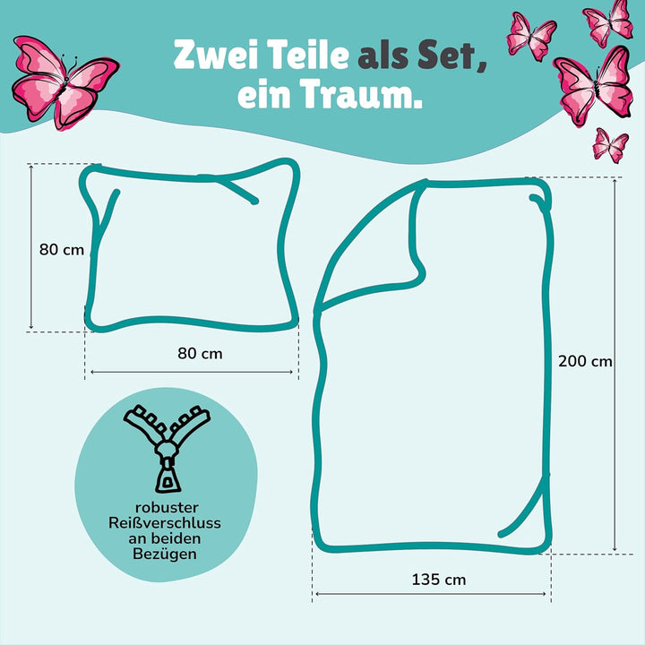 CTI - Bettwäsche Set Schmetterlinge 135x200 cm 80x80 cm Baumwolle türkis rosa Linon Wendebettwäsche