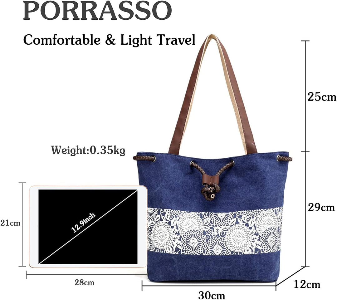 PORRASSO Damen Schultertasche Canvas Tote Umhängentasche Retro Kordelzug Beuteltasche Frauen Shopper