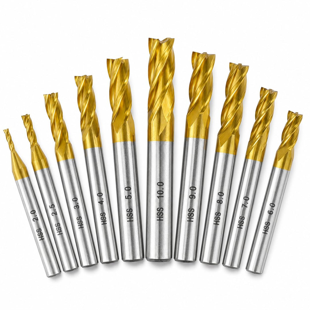 10 Stück HSS Schaftfräser Set 2–10 mm 4 Schneiden | Titanbeschichtete CNC Fräser mit 6/8/10 mm Schaf