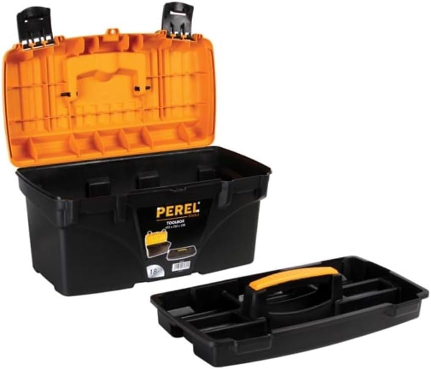 Perel Werkzeugkoffer 25,7L mit herausnehmbarer Einsatzbox, Kunststoff Toolbox mit klappbarem Griff u