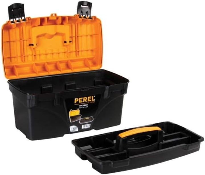Perel Werkzeugkoffer 25,7L mit herausnehmbarer Einsatzbox, Kunststoff Toolbox mit klappbarem Griff u