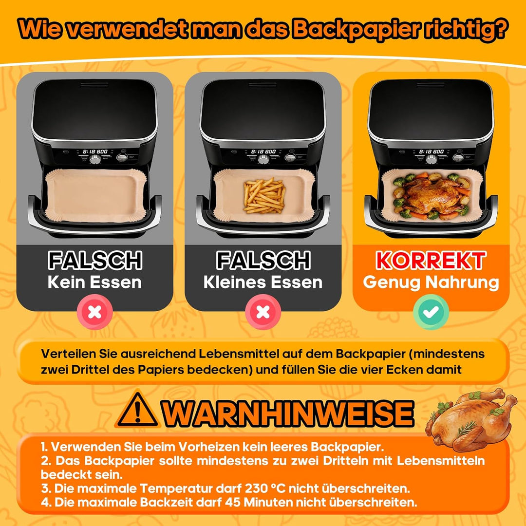 225 Stück Backpapier für Ninja Foodi Flexdrawer 10,4 L, Heissluftfritteuse AF500EU bis 230 °C, Airfr