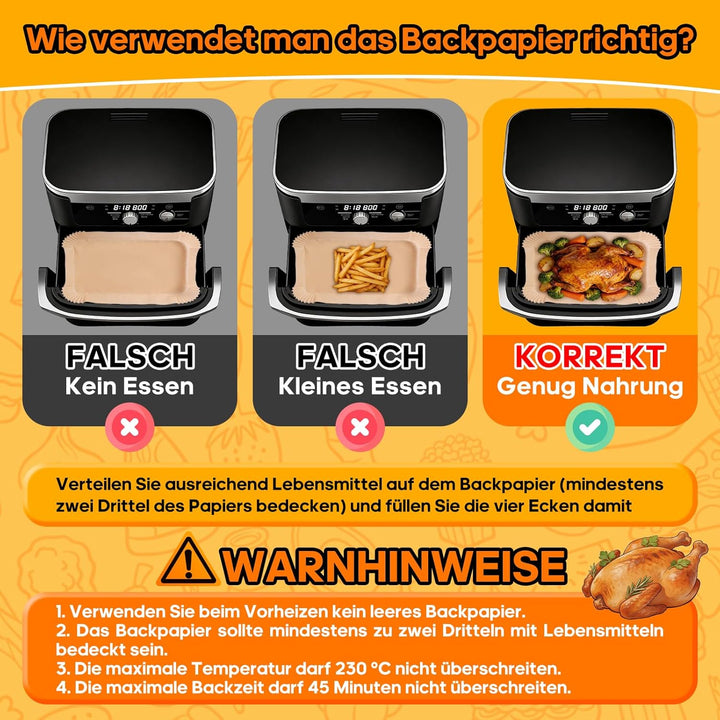 225 Stück Backpapier für Ninja Foodi Flexdrawer 10,4 L, Heissluftfritteuse AF500EU bis 230 °C, Airfr
