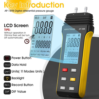 Manometer, AOPUTTRIVER AP-189B Professionelles Gasdruckmessgerät, Luftdruckmessgerät mit zwei Anschl