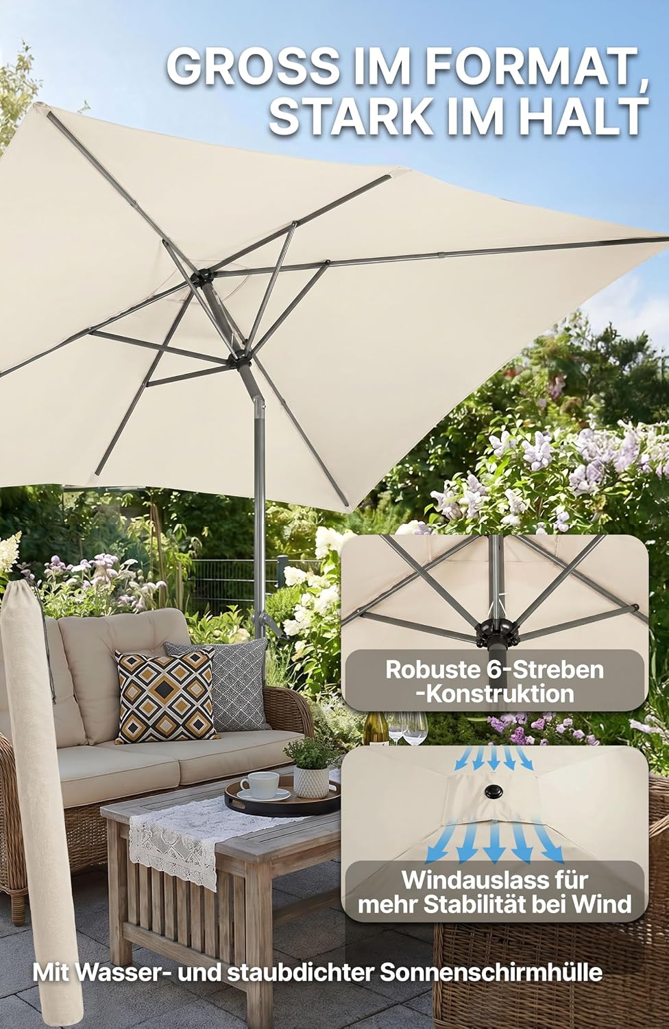 4smile Sonnenschirm Balkon mit Kurbel, Sonnenschirm rechteckig 300x200 cm | UV 50+ Sonnenschutz Balk