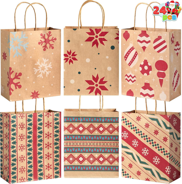 JOYIN 24 Stück Weihnachten Geschenktüten mit verschiedenen Weihnachtsmotiven, Kraftpapiertüten Gesch