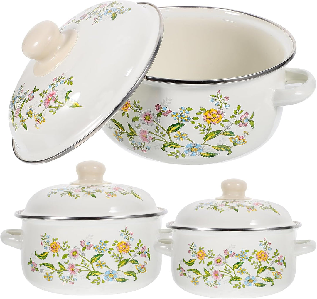 3 Stück Emaille Kochtöpfe Set Mit Deckel Retro Suppentöpfe Für Instantnudeln Suppe Und Milch Flacher