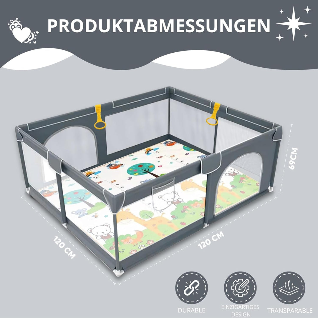 EveryKip® Laufstall Baby 120x120cm, Laufgitter baby mit atmungsaktivem Netz, Baby Laufstall mit Reis