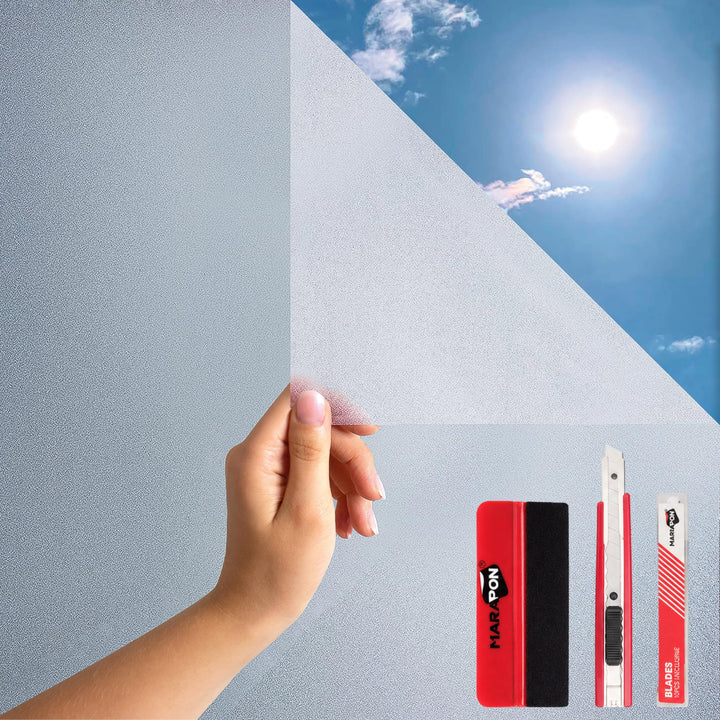 MARAPON Fensterfolie Blickdicht in Matt 0,60x20 m Set inkl. Rakel Cutter 10 Klingen Statisch haftend