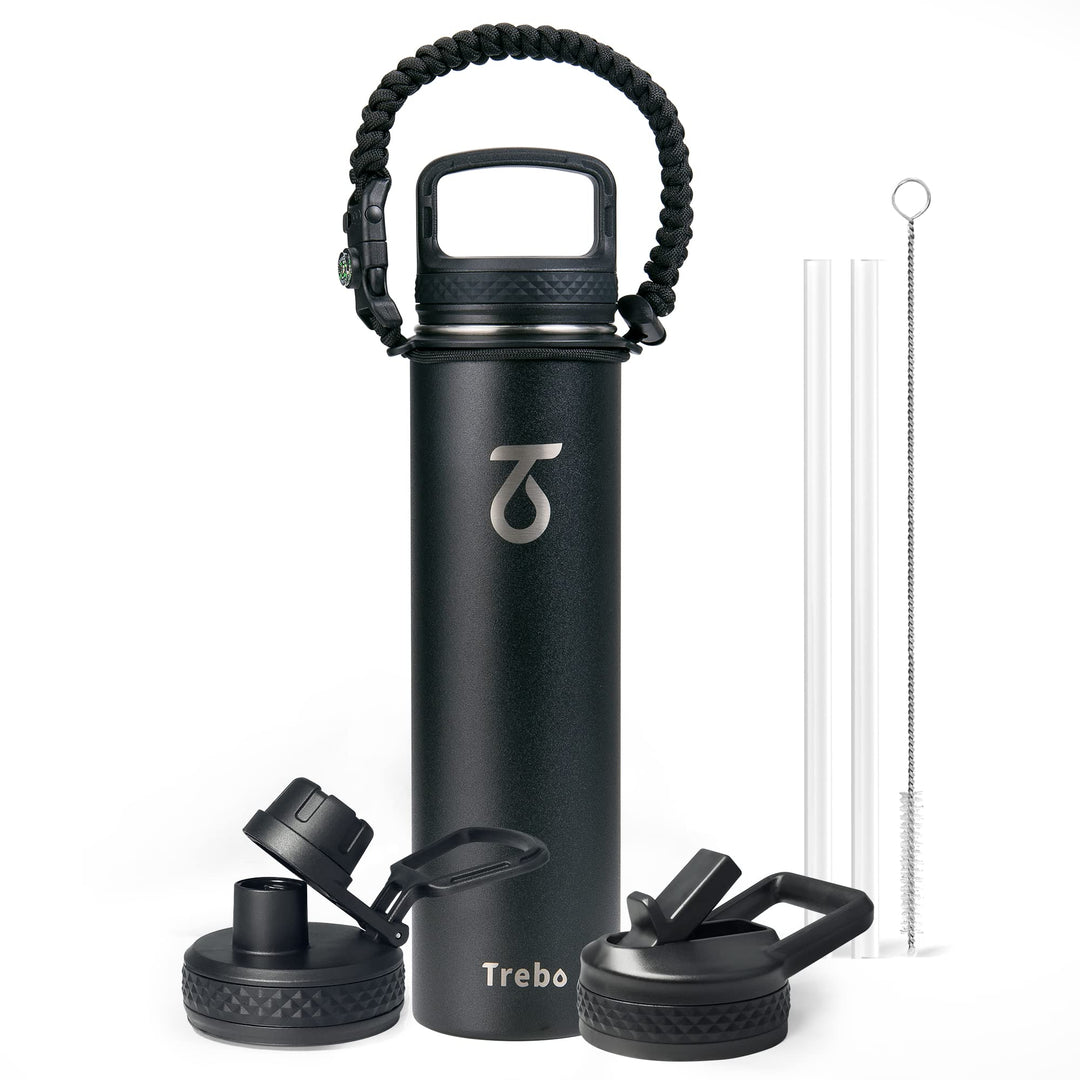 Trebo Trinkflasche Edelstahl, Thermosflasche mit Strohhalm mit Paracord-Griff & 3 Deckeln, Edelstahl