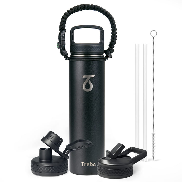 Trebo Trinkflasche Edelstahl, Thermosflasche mit Strohhalm mit Paracord-Griff & 3 Deckeln, Edelstahl