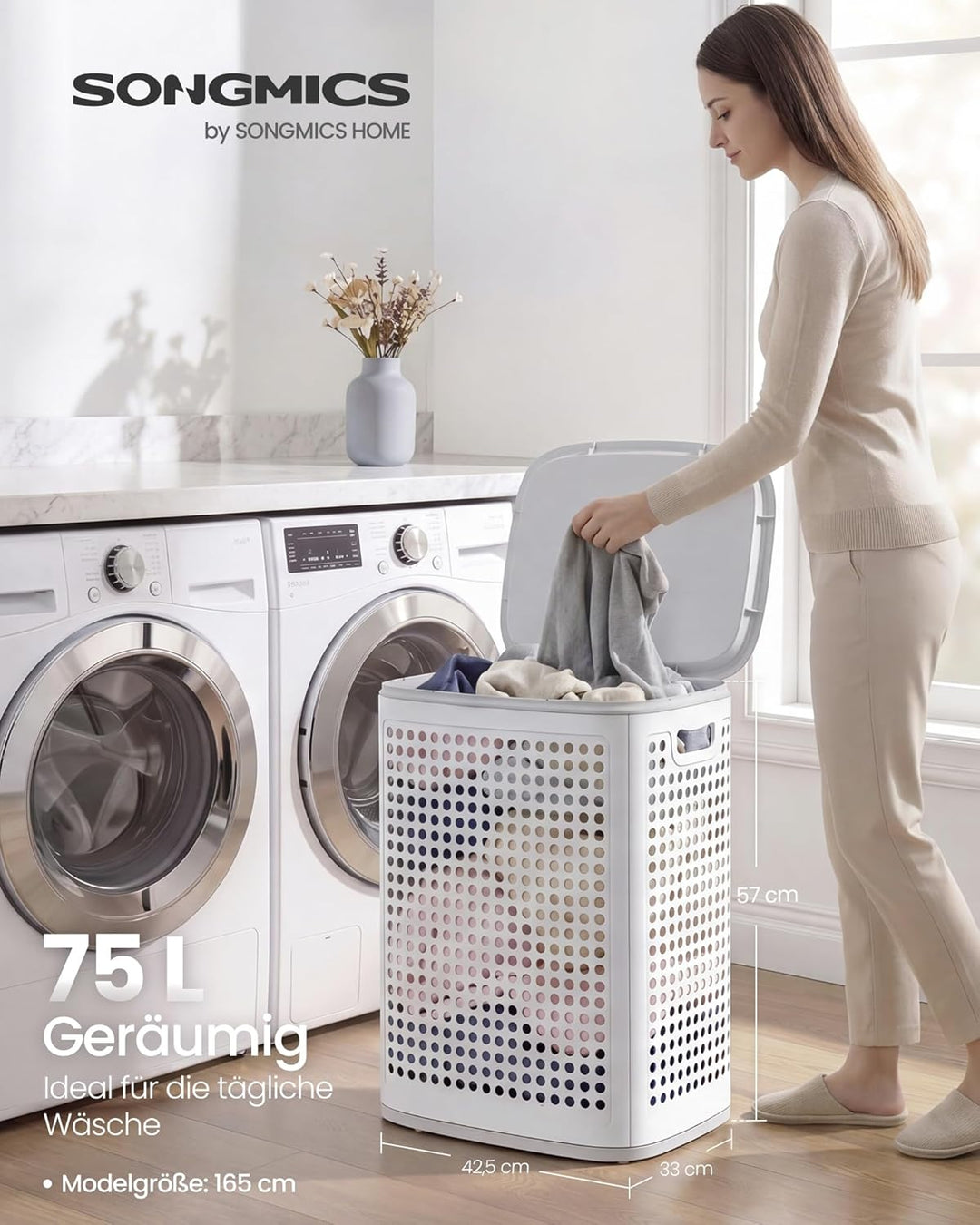 SONGMICS Wäschekorb mit Deckel, Wäschesammler Plastik, 75 L, Wäschetonne schmal, Wäschebox platzspar